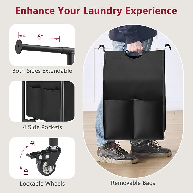 Laundry Sorter Cart with Hanging Rack, 5 Section, 5 Colors | 246L Rolling Laundry Hamper with Lockable Wheels and Removable Bag, Laundry Basket Organizer for Bathroom, Laundry Room - Image 6