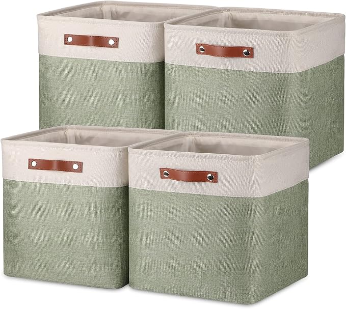 Temary Cube Storage Baskets for Shelves 4pack Fabric Storage Basket for Organizing Clothes, 13 Inch Storage Cubes with Leather Handles, Closet Baskets (White&Green) by TEMARY