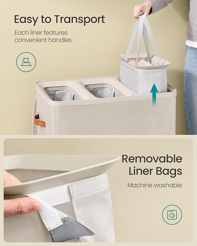 SONGMICS Laundry Basket, 50.2 Gal. Laundry Hamper, 3 Compartments, Easy Assembly, with Lid and Handles, Removable Liners, 25.2 x 15.7 x 29.5 Inches, Cappuccino Beige ULCB814LH01 - Image 5