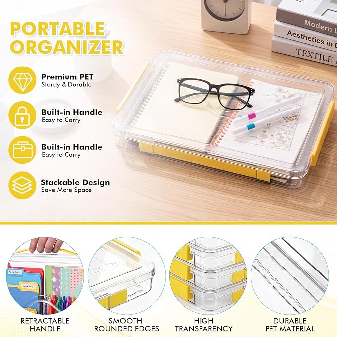 5 Pcs Clear File Storage Box Portable Paper Case with Lid Handle,Yellow - Image 3