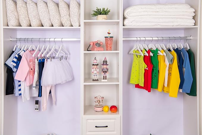 Quality Hangers Kids Wooden Pants Hangers 12 Inches - 80 Pack Skirt Hangers with Adjustable Metal Clips 360° Swivel Chrome Hook & Nonslip Notches- Ideal for Clothes Size 8 and Smaller (White, 80) - Image 2