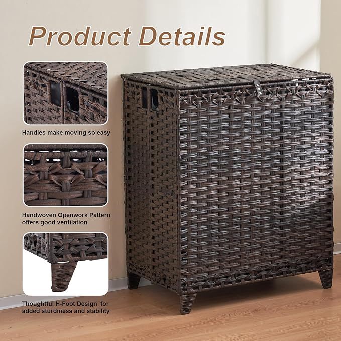 Laundry Hamper with Lid, 190L Large Laundry Basket 3 Section with 6 Removable Liner Bags & 3 Mesh Laundry Bags, Handwoven Rattan Clothes Hamper with Heightened Feet, No Install Needed, Brown - Image 6