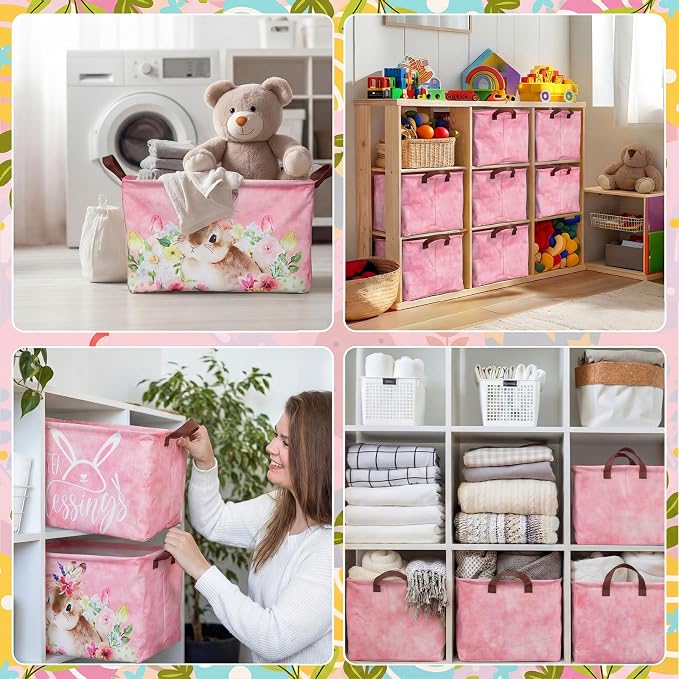 CHENGU 6 Pack Easter Storage Bin Collapsible Cute Easter Basket for Gift Large Pink Bunny Eggs Holiday Decor Rabbit Hunny Bunny Basket Foldable Farmhouse Flower Box with Handle for Bedroom Office Home - Image 4