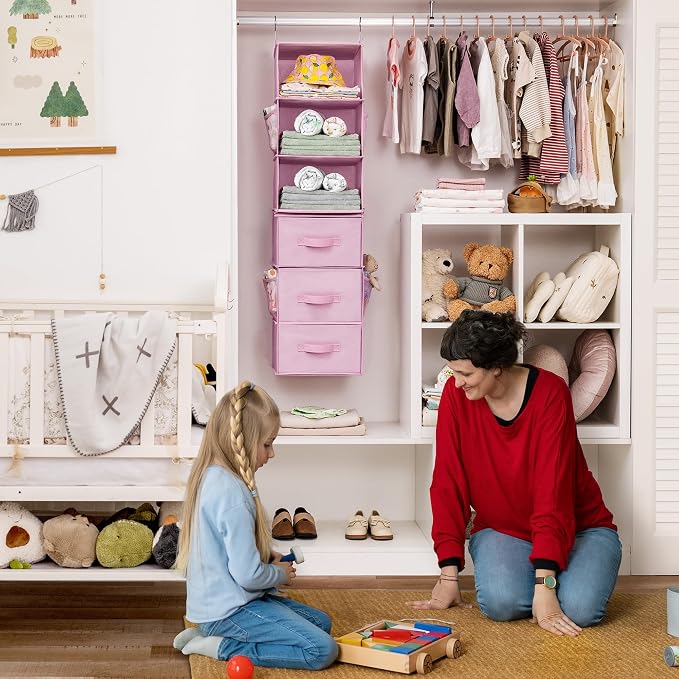 GRANNY SAYS Hanging Closet Organizer, 5 Drawers, 6 Shelves, 6 Pockets, Pink | Hanging Closet Organizer with 5 Different Drawer Designs, 6 Shelves & Reinforced Structure for Organized Small Spaces - Image 2