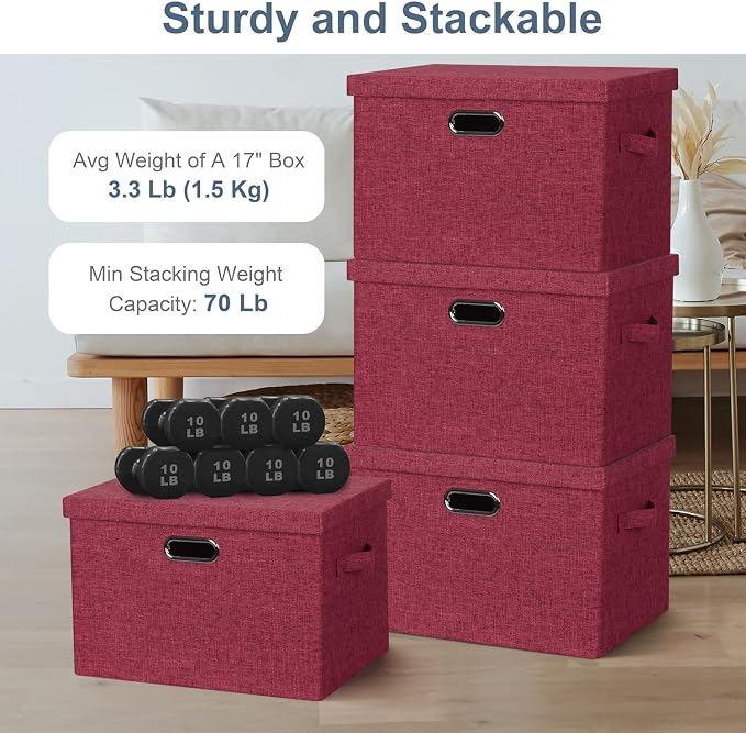 Storage Bins with Lids Fabric Closet Organizers Cubes Office Organization | 36 Quart 3 Pack Bright Red Collapsible Stackable Linen Fabric 4 Handles Bedroom Closet Cabinet Under Bed Clothes Toy Office - Image 3