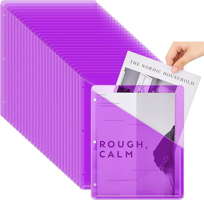 Seajan 100 Pcs Binder Pocket Folders, Clear 3 Ring Binder, Purple | Plastic Folders Sleeves with 2 Pockets, Poly Slash File Jackets, 3 Hole Punched Dividers for School, Office, Documents by Seajan