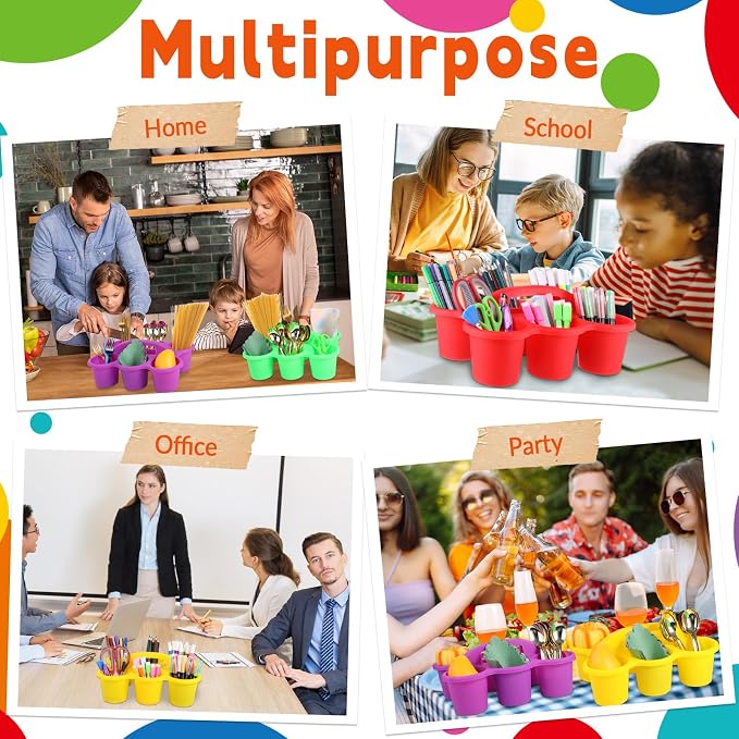 12 Pack Classroom Caddy Organizer with Handle Colorful Plastic Table Caddy Drink Cup Caddies Holder 12×9×3.5 Inch Storage School Supplies 6 Compartments for Table Crayon Pencil Cup Marker Craft - Image 7