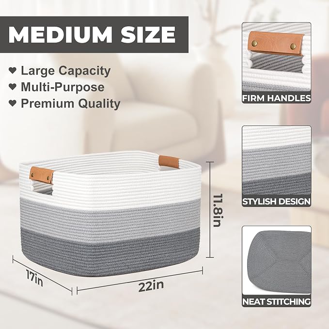 Blanket Basket, 72L Rectangle Large Basket for Living Room, Baby Room & Laundry, Woven Cotton Rope Toy Bin Baby Nursery Room Storage, 22’’*17’’*11.8’’, Gradient Grey - Image 2