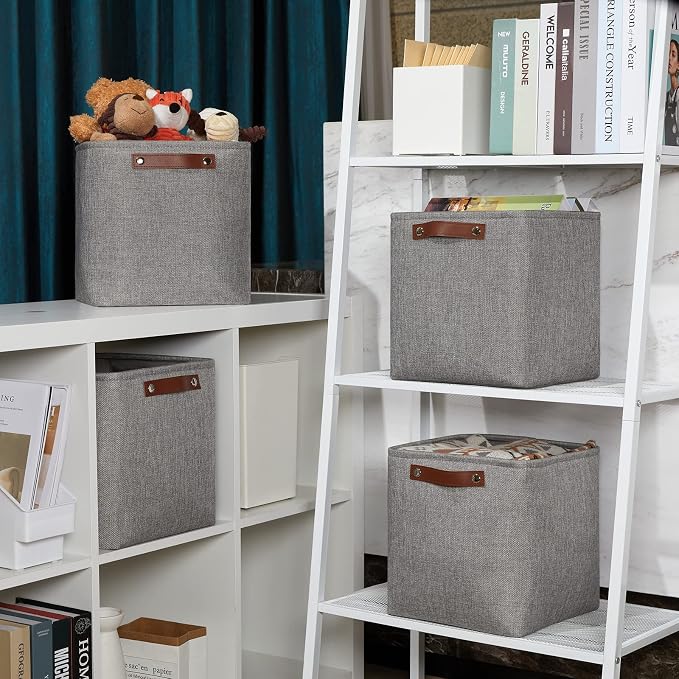 DULLEMELO 11 inch Cube Stroage Bins 4 Pack Small Grey Square Storage Baskets Cube Organizer, Linen Closet Organizers and Storage Baskets for Shelves Bedroom Storage - Image 4