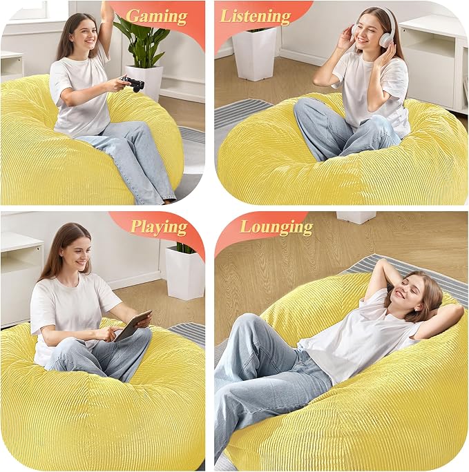 4FT Bean Bag Chair for Adults,Large Teardrop Beanbag with Filler | Beanbag Chair with Memory Foam Filled,Bean Bags with Handy Handle&Machine Washable Cover for Living Room,Bedroom-Yellow - Image 6