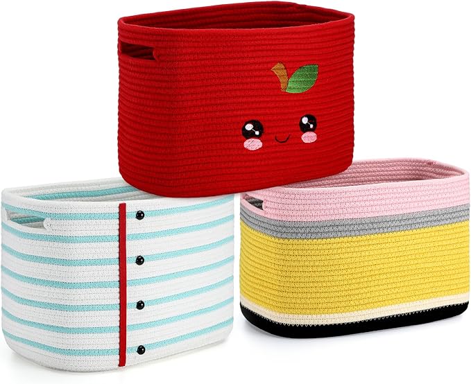 FoldTier 3 Pack Back to School Storage Bins Cute Large Teacher Woven Baskets Storage Return to School Treasure Box for Kid Daycare Elementary Preschool Book Closet Shelf Nursery Decor 15 x 9 x 10 Inch by FoldTier