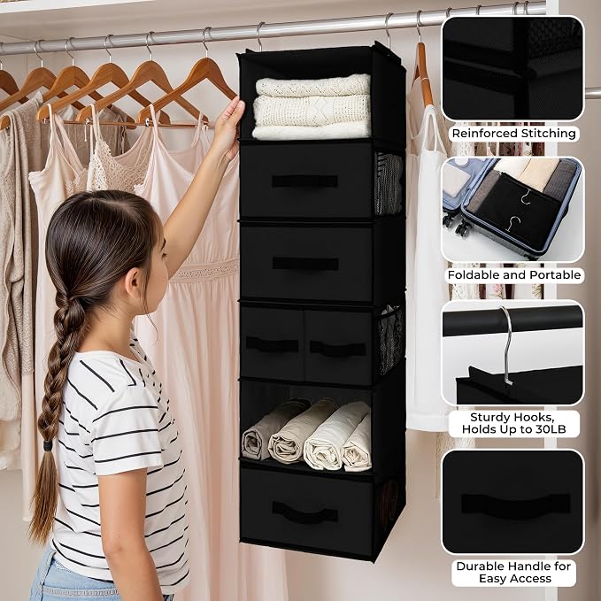 GRANNY SAYS Hanging Closet Organizer, 5 Drawers, 6 Shelves, 6 Pockets | Hanging Closet Organizer with 5 Different Drawer Designs, 6 Shelves & Reinforced Structure for Organized Small Spaces, Black - Image 4
