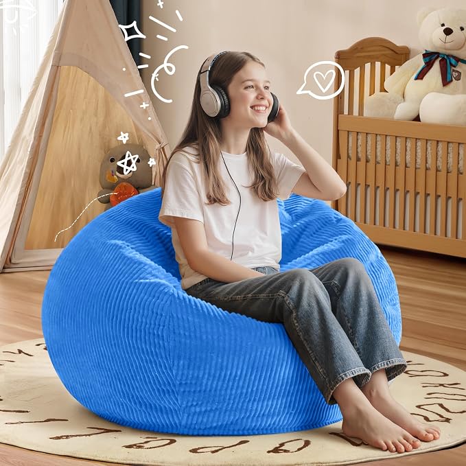 2FT Bean Bag Chair: 2' Small Bean Bags with Memory Foam Filled | Beanbag Chairs with Handle,Teardrop Bean Bag Sofa with Corduroy Machine Washable Cover for Living Room,Bedroom-Blue - Image 6