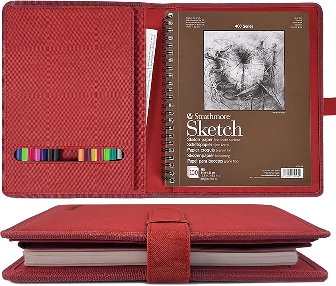 Plinyvel Red Leather Sketchbook Cover 5.5x8.5, Travel Drawing Portfolio | Portable sketch kit organizer, pencil holder, Fits 5.5x8.5 Sketch Book, Spiral Pad, Compact artist storage case by Plinyvel