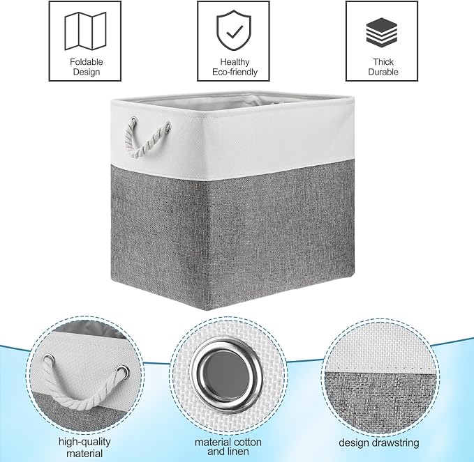 meekoo 8 Pack Collapsible Storage Bins Fabric Storage Bins Polyester Fabric Baskets with Handles Linen Closet Organizer for Shelf Home Closet Towels Toys(17 x 12 x 15 in,Gray White) - Image 5