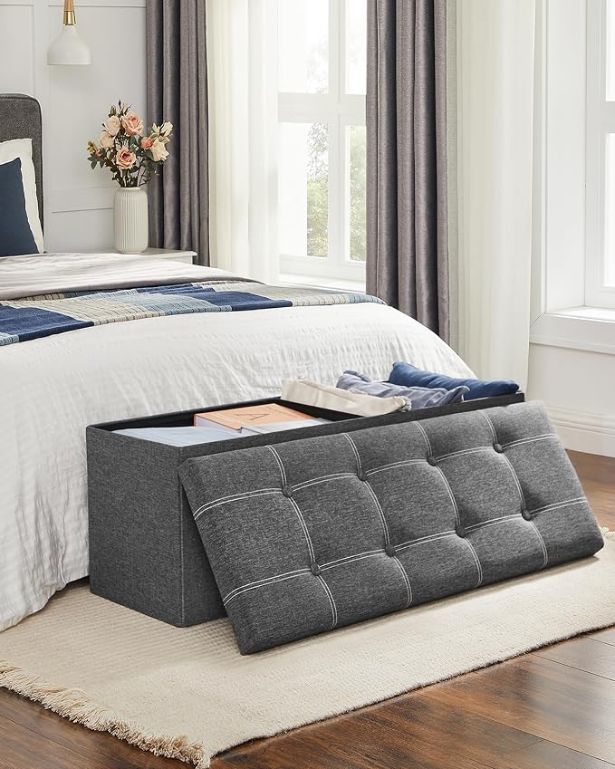 SONGMICS Mazie Collection - 43 Inches Ottoman Storage Bench, 35 Gal. Folding Chest with Breathable Linen-Look Fabric, Load up to 660 lb, for Entryway, Living Room, Bedroom, Dark Gray ULSF077G04 - Image 5
