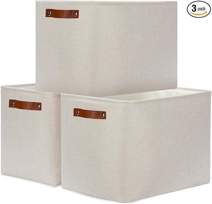 DULLEMELO Large Storage Baskets, Fabric Storage Bins for Organizing Clothes, Large Storage Bins with Handles for Shelves Closet Organizers, Fabric Storage Baskets for Toy Organizers(Beige) by DULLEMELO