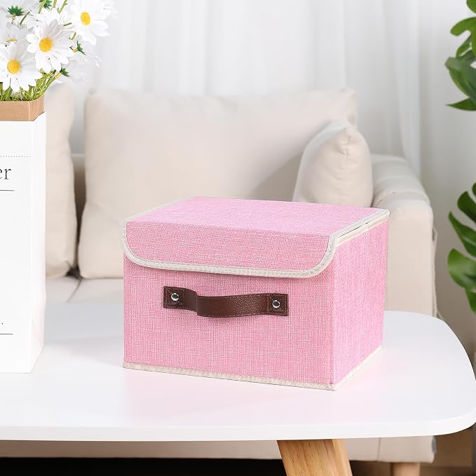 ANMINY Fabric Storage Box Bins with Lids, Pink, 10"x8"x7", 4 Pack | Keepsake Memory Storage, Cotton Linen, PP Board Reinforced, Washable, PU Handles, Foldable & Stackable, Decorative, Small - Image 5