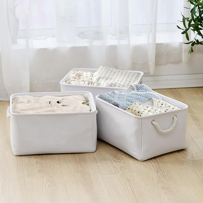 Storage Basket for Gifts Empty - Large 3 Pack 15.7x11.8x8.2 inch Storage Basket for Organizing with Handles, Canves Storage Bins for Organizer Closet Toy Cubes Gift (White) - Image 4
