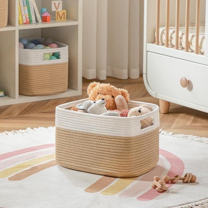 4 Pack Storage Baskets for Organizing, Shelf Baskets with Handles, White&Brown - Image 4