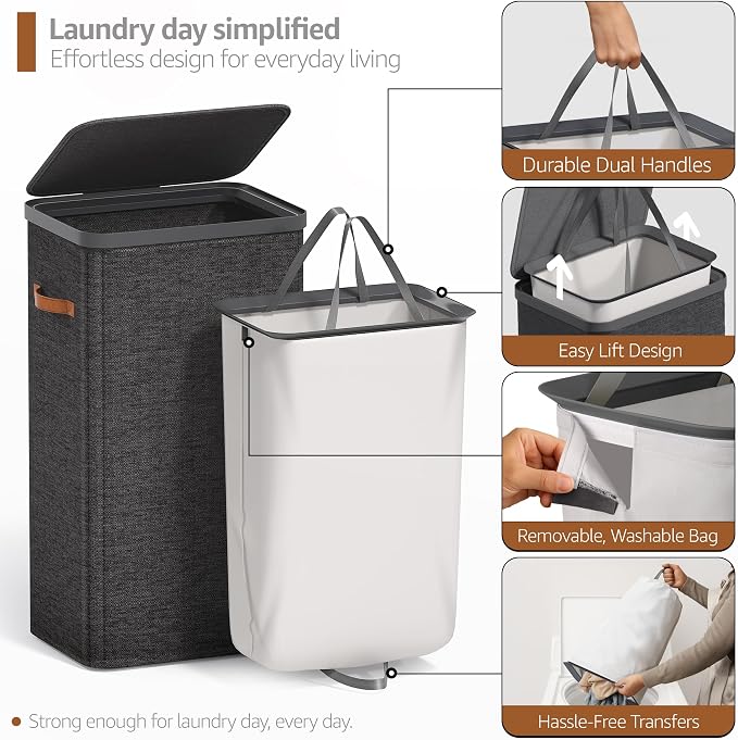 Sorbus Laundry Hamper with Lid - Collapsible Fabric Laundry Basket with Handles and Removable Laundry Bag – 26.5 Gallon (100 L) Dirty Clothes Hamper for Bedroom, bathroom and dorm - 2 Pack (Black) - Image 5