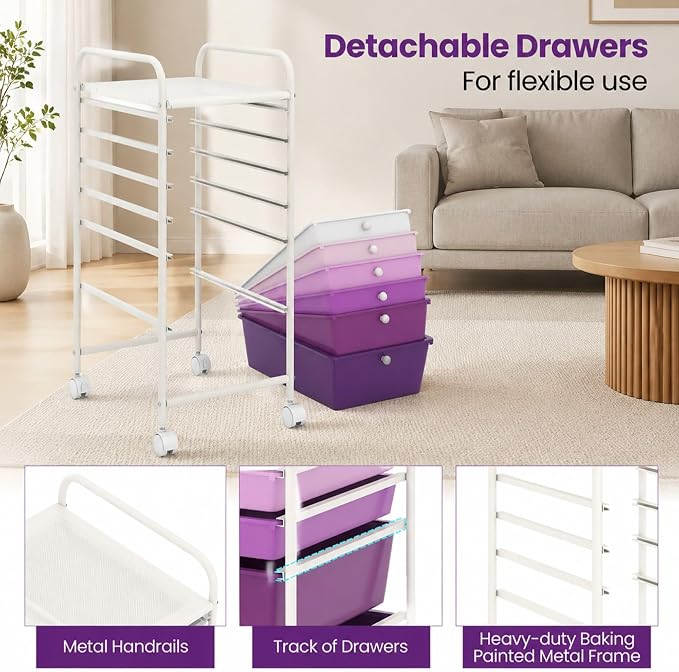 GOFLAME 6-Drawer Rolling Storage Cart, Multifunctional Art Craft Organizer Cart, Mobile Utility Storage Cart with Removable Drawers & Lockable Wheels, Craft Cart for Home Office, Purple Gradient - Image 4