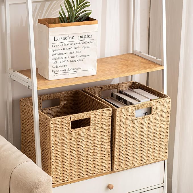 Foldable Storage Baskets with Handles Paper Rope Storage Baskets Rectangle Collapsible Hand Woven Storage Cubes Bins for Organizing Shelves Living Room Bedroom Pantry (4, 11'' x 11'' x 11'') - Image 4