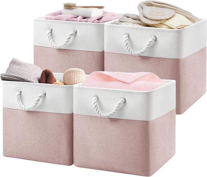 Patvingot 13-Inch Fabric Cube Storage Bins with Handles,4 Pack,Foldable | For cube shelves and closets,keeps grouped for everyday access,reinforced opening and fold-flat storage,white and pink by Patvingot