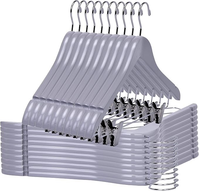 Quality Wooden Skirt Hangers with Clips, 20-Pack Smooth Solid Wood Pants Hangers with Durable Adjustable Metal Clips, Swivel Hook, Coat, Jacket, Blouse Suit Hangers (Gray, 20) by QualityHangers