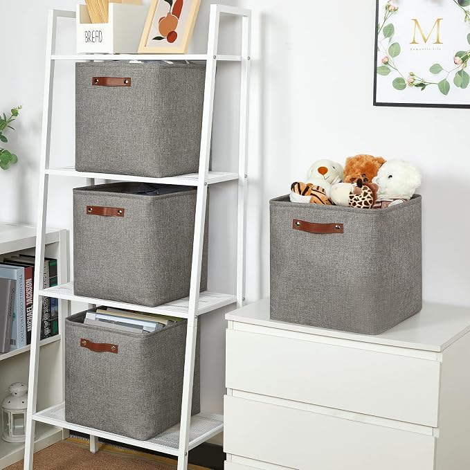 Temary Storage Baskets 13 Inch Fabric Storage Cubes for Shelves Set of 4 Storage Cube Bins for Home, Office, Storage Organizers for Toys with Leather Handles(Grey) - Image 5