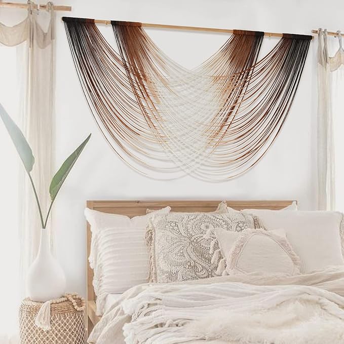Macrame Wall Hanging Brown Dip Dyed Boho Fiber Art Decor 57"W*35"L | Warm Brown Gradient Design, for Living Room Bedroom Headboard Accent, Handwoven Yarn Texture, Boho Fiber Art - Image 2