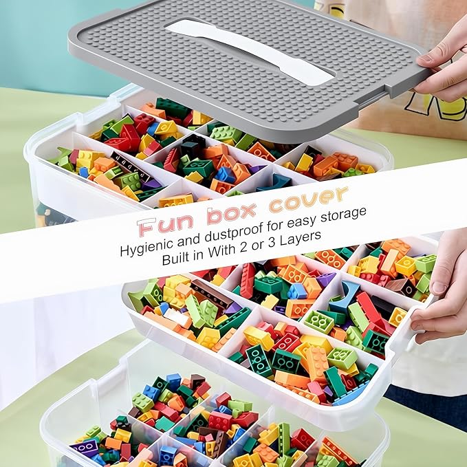Toys Organizer Storage Case for Lego Box Kids Toy Stackable Building Blocks with Lids Bins Adjustable Lego Storage Containers Plastic Toy Box 3 Layer (Grey) - Image 6