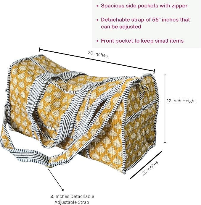 ATOSII Handblock Print 100% Cotton Large Quilted Duffle Bag for Overnight Trip, Travel Weekend Bag, Luggage, 2 Pockets with Zipper, 1 Front Pocket, Detachable Long Strap, 20 X 10 X 12 Inches, Flax - Image 2