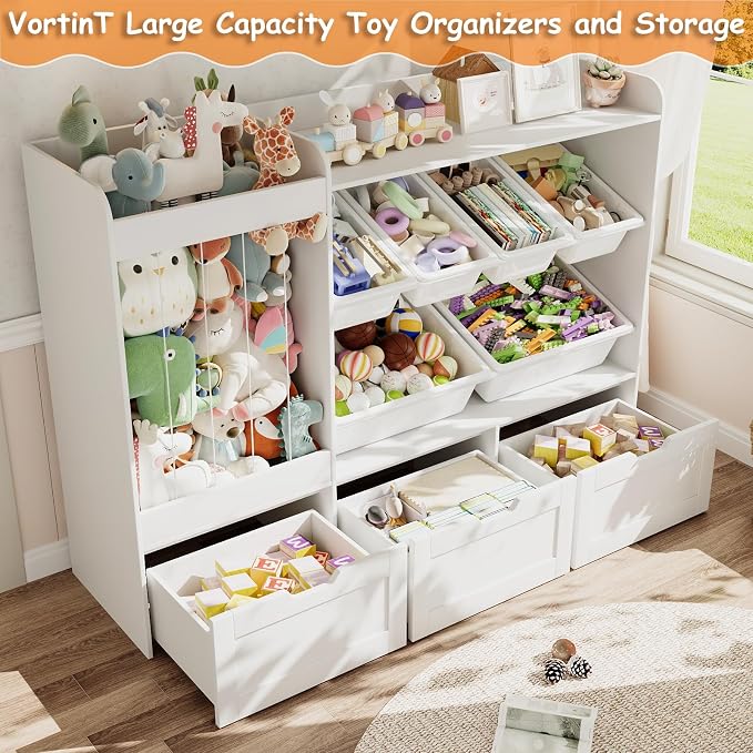 Kids Toy Storage, 50.6" W x 41.3" H Large Toy Organizers and Storage Cabinet with 6 Plastic Bins, 3 Rolling Drawers, Stuffed Animal Zoo, Wooden Organization Shelf for Playroom, Nursery(White) - Image 4