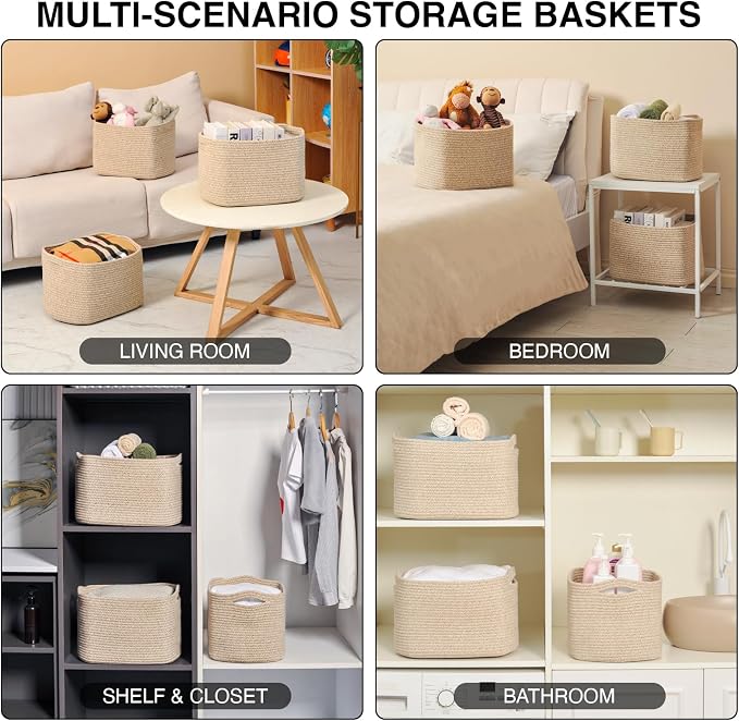 ICERZCZ Decorative Storage Baskets for Organizing Shelves, Toy Basket for Nursery, Woven Cotton Rope Baskets for Decor, Towel Basket for Bathroom, 15"x11"x9.5", 3 Packs, Brown - Image 5