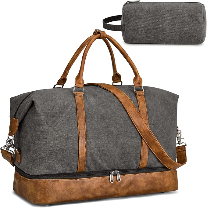 S-ZONE Weekender Bags for Women and Men Travel Duffel Bags with Shoe Compartment Overnight Carry on Duffle Tote Bag | Soft Canvas and Leather Trim, with Toiletries Bag,Carry-on Size,Trolley Sleeve,Adjustable Shoulder Strap,Shoe Compartment by S-ZONE