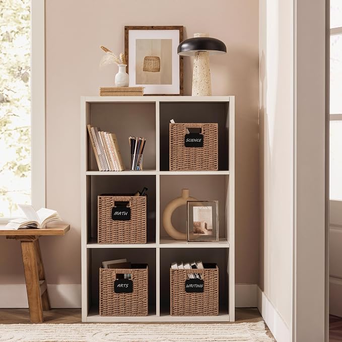 UBBCARE 4 Pack Small Wicker Basket, 9×9 Storage Cubes with Label, Foldable Cube Storage Bin with Handle, Square Storage Basket for Shelves, Woven Paper Rope Basket for Organizing, Caramel - Image 5
