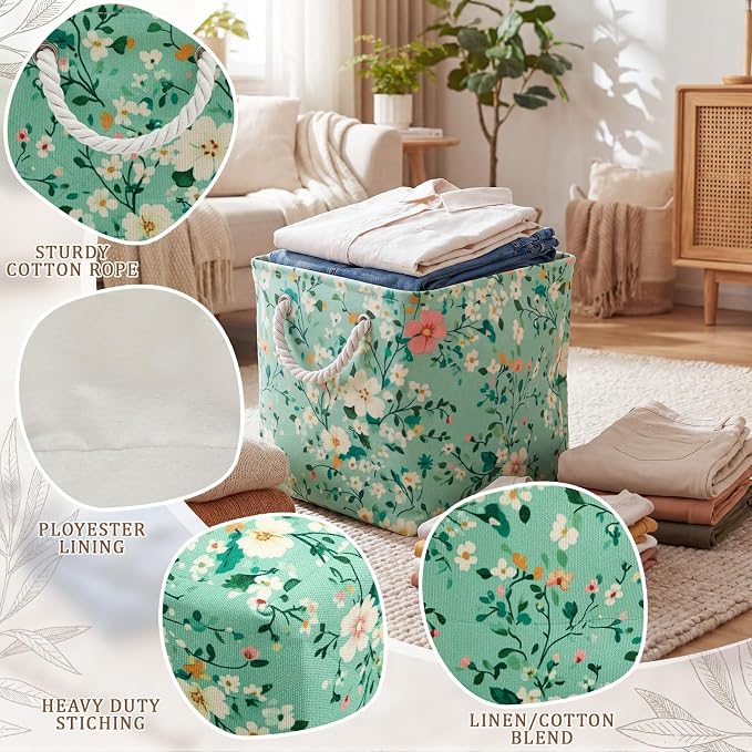 6 Pack Boho Floral Storage Bins 6 Pack, 11 Inch Cube Fabric Storage Baskets | Foldable Fabric Cube Baskets with Reinforced Handles, Floral Laundry Nursery Hamper, for Shelves, Closets, Room Organization - Image 3