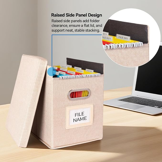4 Pack Hanging File Folders Organizer with Lid, Letter Size Fabric File Storage Box Collapsible, Portable Office Document Holder with Metal Handle, Smooth PVC Rails, Beige - Image 4