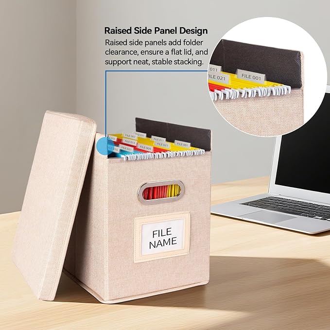 2 Pack Hanging File Folders Organizer with Lid, Letter Size Fabric File Storage Box Collapsible, Portable Office Document Holder with Metal Handle, Smooth PVC Rails, Beige - Image 4