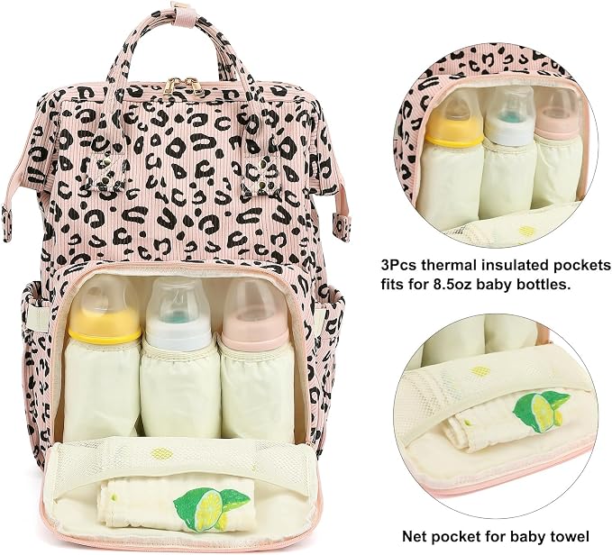 Corduroy Diaper Bag Backpack for Baby Girls Boys, Women Large Nappy Bags for Mom (Pink Corduroy Leopard) - Image 3
