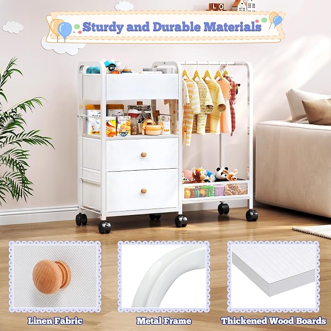 Baby Diaper Caddy Organizer with Hanging Rack, Rolling Diaper Utility Cart with Dividers and Drawers for Baby Essentials Storage, Bedside Cart with Wheels for Changing Station, Crib, Nursery, Bedroom - Image 5