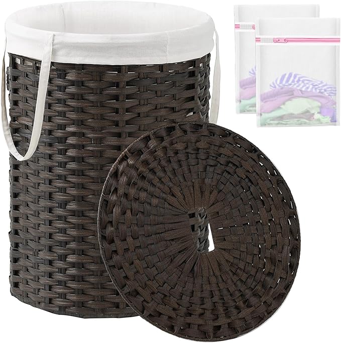 SETVSON Laundry Basket with Lid Round Rattan PE Laundry Hamper, Brown | 110L Large Woven Basket with Lid, Removable Washable Liner Bag, 2 Mesh Laundry Bags, Side Handles for Easy Carrying by SETVSON