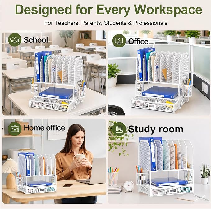 FANXIYQ Metal Desk Organizer with Sliding Drawer, 7-Section File Organizer for Desk, Desktop File Folder & Paper Organizer with 2 Hanging Pen Holders, Office Supplies Organizer, White - Image 3