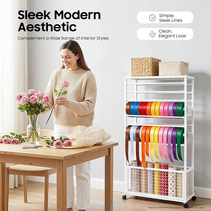 Ribbon Holder Organizer Rack, Double-Sided 16-Layer Ribbon Shelf with Wheel | Ribbon Display Rack, Multifunctional Metal Flower Wrapping Paper Storage Stand for Craft Room Flower Shop, Widen, White - Image 7