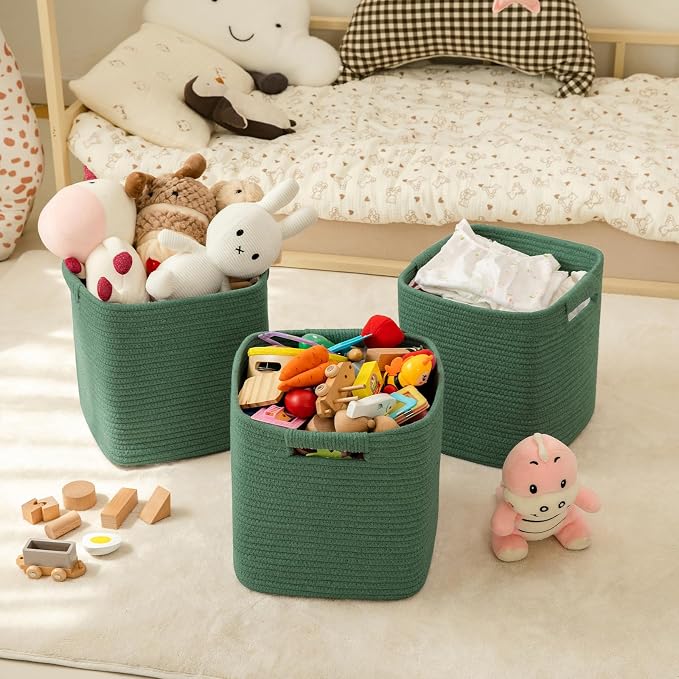 OIAHOMY Storage Cubes 11 Inch Storage Bins-3 Pack, Cotton Rope Woven Baskets for Organizing, Square Baskets for Shelves Organizer, Classroom, Toy Basket, Green - Image 2