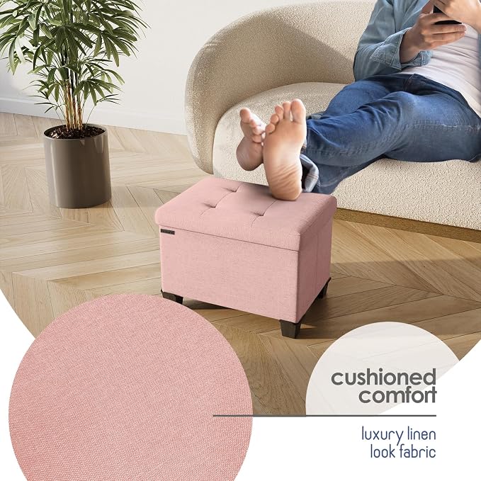 Storage Ottoman Cube with Small Bin, 16-in Square Ottoman with Storage for Living Room and Bedroom, Small Ottomans Foot Rest, Fabric Foot Stools Ottomans Max 330lbs, Pink - Image 7