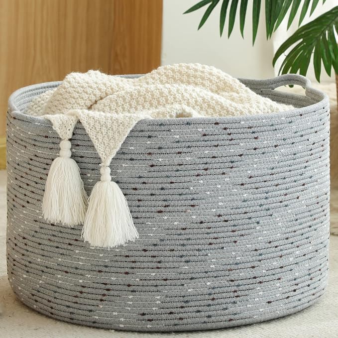 KAKAMAY Large Blanket Basket (20"x13"),Woven Baskets for storage Baby Laundry Hamper, Cotton Rope Blanket Basket for Living Room, Laundry, Nursery, Pillows, Grey with Blue & Brown Dotted | Extra Large Capacity | Natural Cotton Rope | Blanket Storage | ... by KAKAMAY