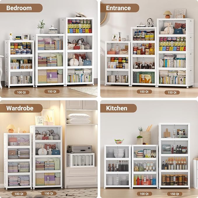 BROVIEW 300QT Large Stackable Storage Bins with Clear Doors, V20 3Pack | 75Gal Plastic Closet Organizer Cabinet with Lid and Wheels, Collapsible Latch Box Folding Drawer for Home, White - Image 6