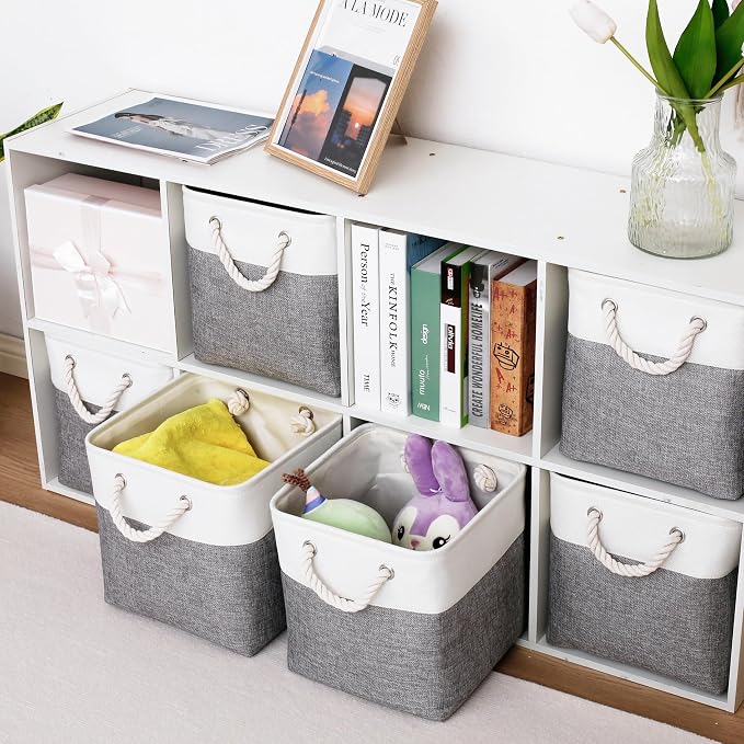 11 Inch 6 Pack Cube Storage Bins with Handles | Foldable Storage Basket,Fabric Storage Basket,Storage cube baskets suitable for the Home and Office(White&Gray) - Image 2